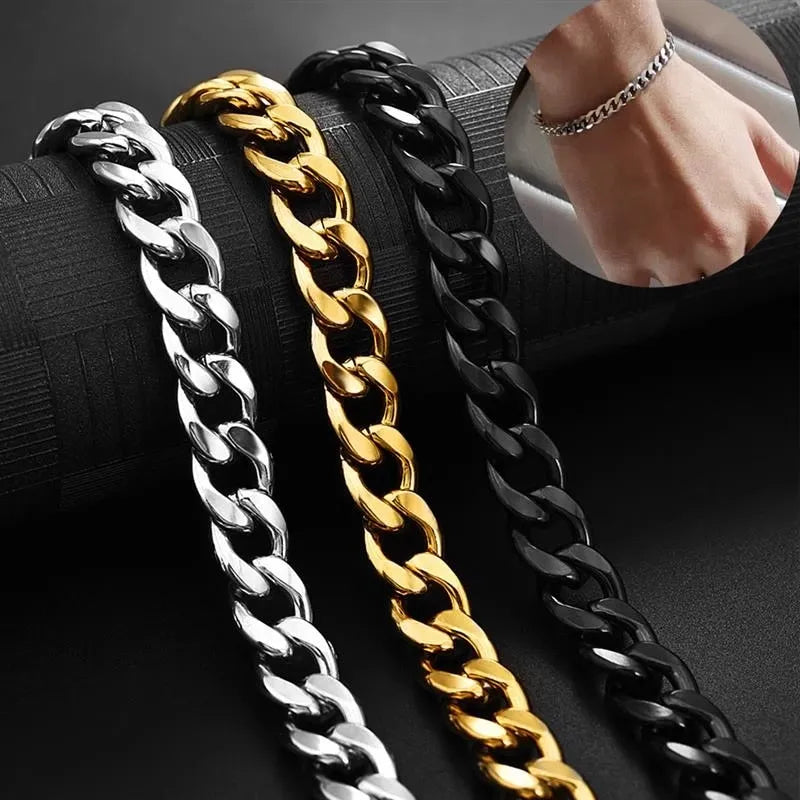 8MM Gold Black Cuban Link Bracelet for Men – Titanium Steel, Hip Hop S
