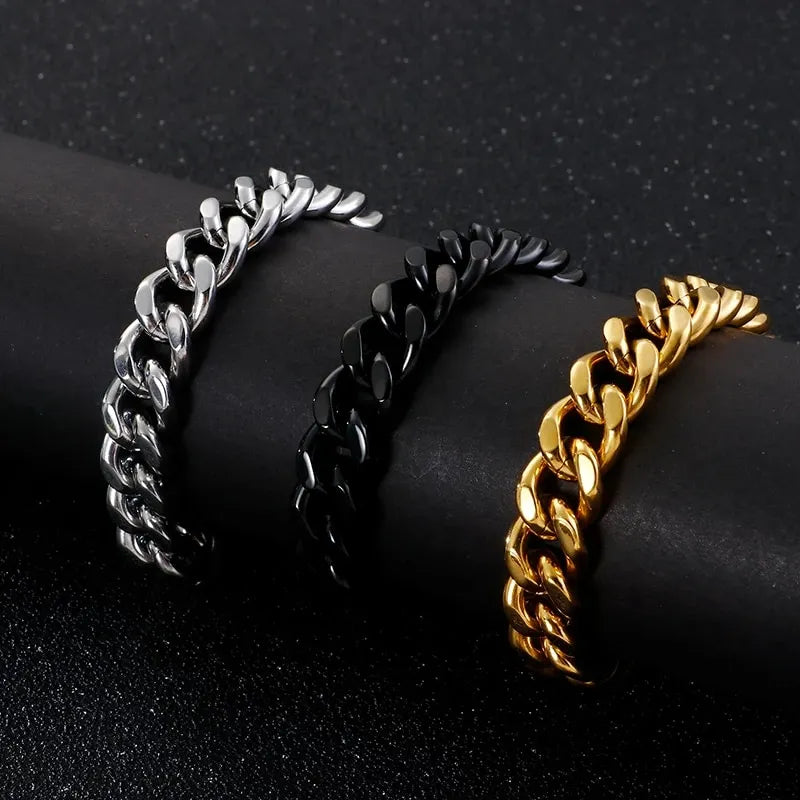 8MM Gold Black Cuban Link Bracelet for Men – Titanium Steel, Hip Hop S